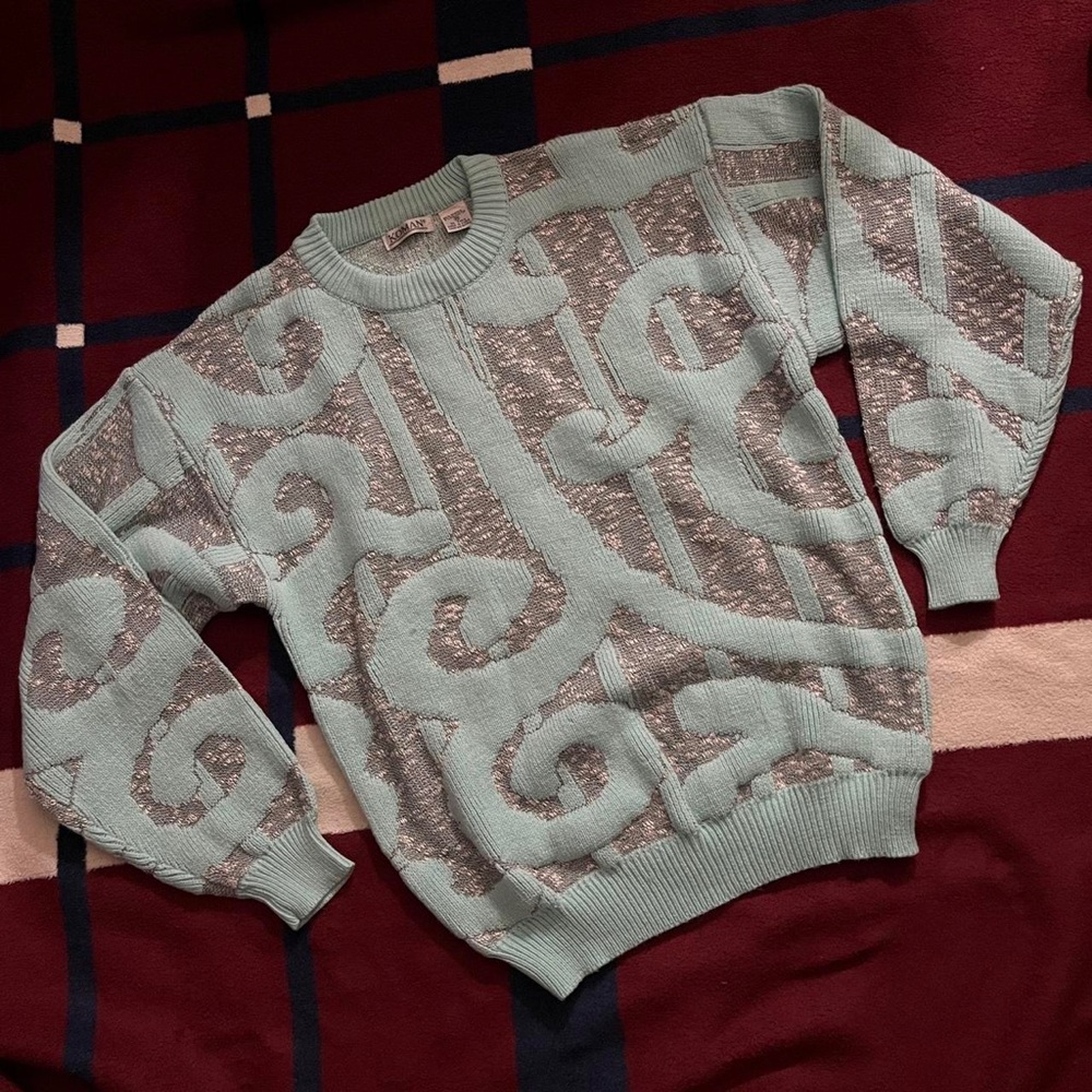 Koman Vintage Sweater M Blue Heather Grey Abstract crewneck Grandpa Preppy
